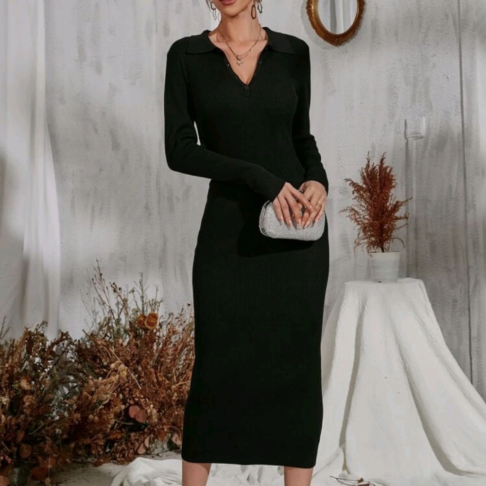 Brand New Collar Neck Button Sweater Dress